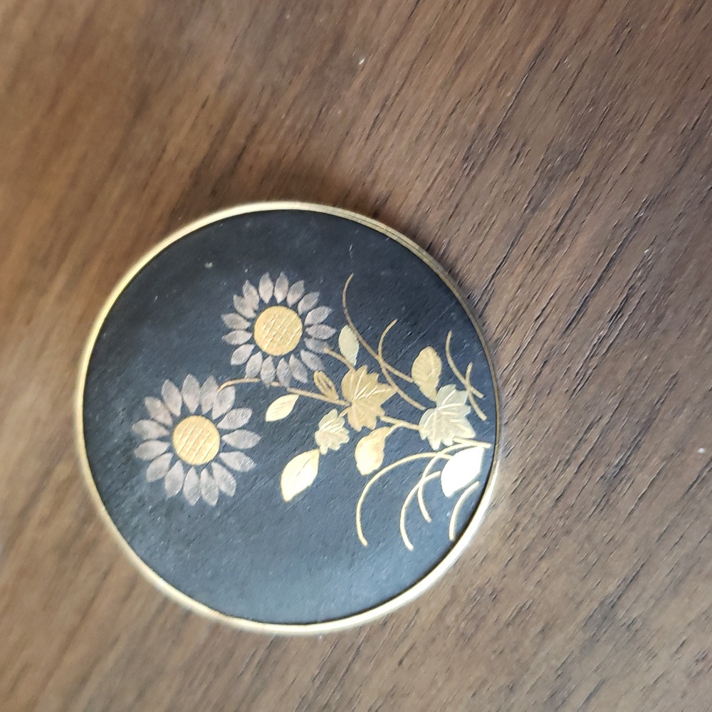 Vintage Damascene Amita Black and Gold Inlay Brooch Pin Pendant